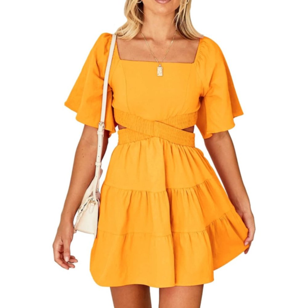 Tangerine Square Neck Cutout Waist Flutter Sleeve Cotton Dress - NWT